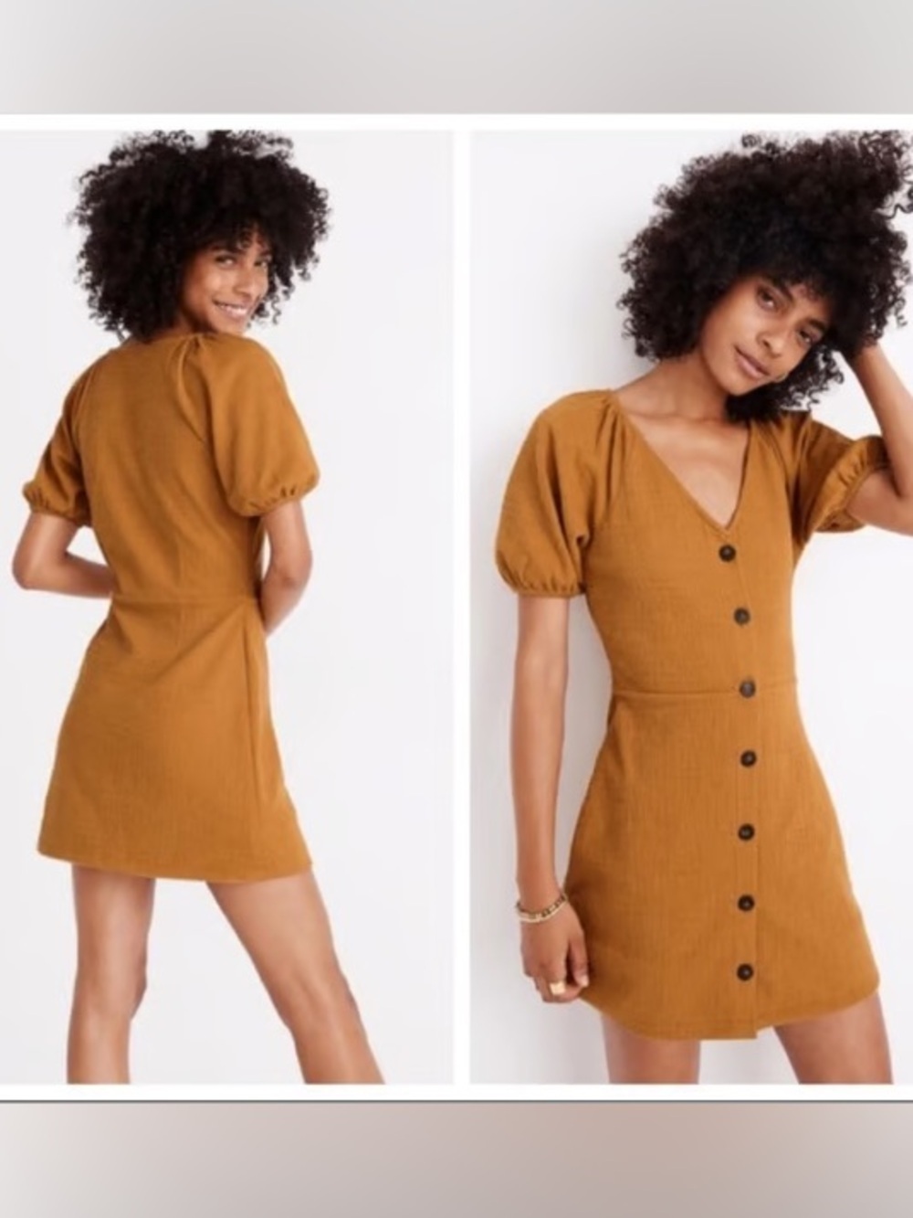 Madewell Mustard Button-Front Puff Sleeve Mini Dress - Picture 3 of 7